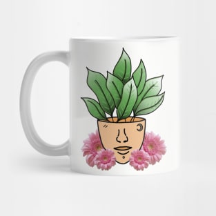 Dumb Cane Tropical House Plant with Pink Gerber Daisys Mug